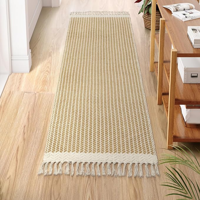 Lahome Belle Boho Bathroom Runner Rug, 2x6 Laundry Room Lightweight Entry Runner Woven Cotton Throw Carpet with Tassels, Farmhouse Non Shedding Washable Rugs Low Pile for Kitchen Hallway, Khaki