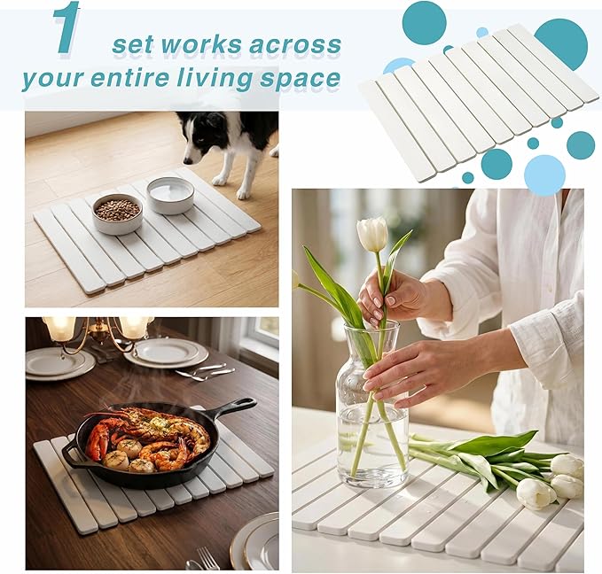 Diatomaceous Earth Stone Dish Drying Mat for Kitchen Counter – Quick Drying Mat Set (1*Large 23"×15.5" & 2*Small 7.5"×4") | Kitchen Drying Mat for Dishes, Cups & Utensils, Sink Mat (White)