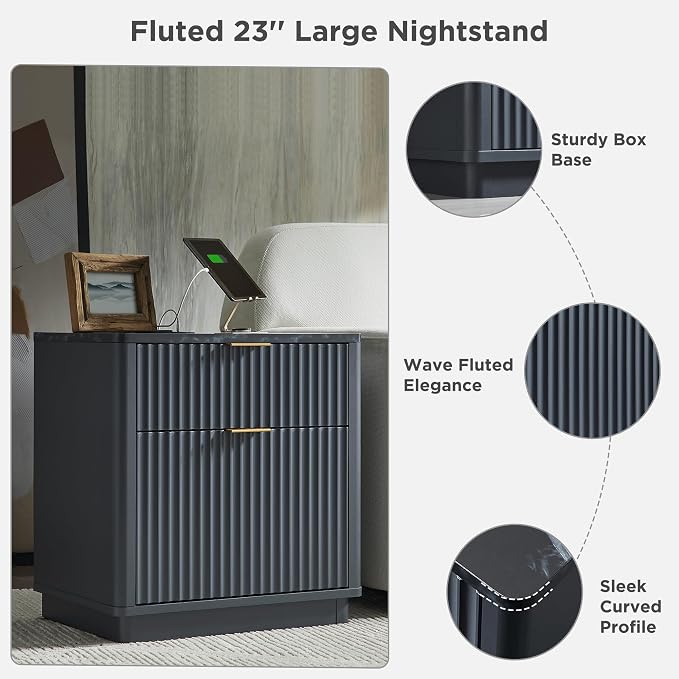 T4TREAM 23'' Fluted Nightstand with Charging Station, Large 2 Drawer Side Table, Modern End Table with Storage, Mid Century Bedside Table for Bedroom, Living Room, Curved Profile, Dark Grey