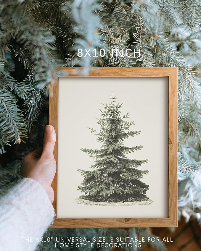 Vodefoad Vintage Christmas Tree Wall Art Retro Neutral Antique Holiday Christmas Tree Painting vintage Christmas Pine Tree Art Prints Painting Vintage Christmas Decor for Holiday - 8x10Inch Unframe