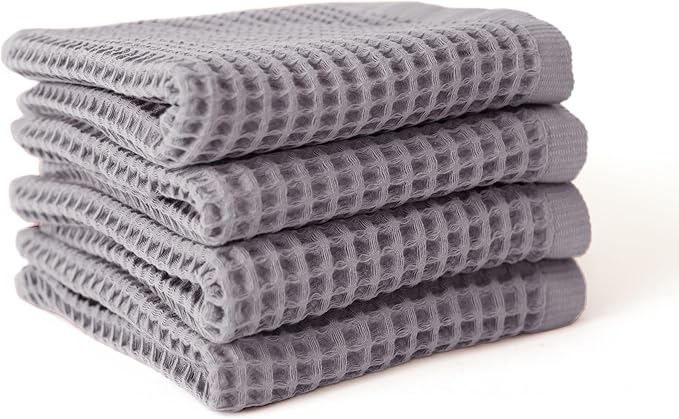 Premium Waffle Hand Towels Pack of 4 Extra Large 20x35 inch - 100% Turkish Cotton, Waffle Weave, Quick Dry, Lint Free, Super Absorbent, Thin Hand Bath Towel (Gray, Set of 4 Hand Towels)