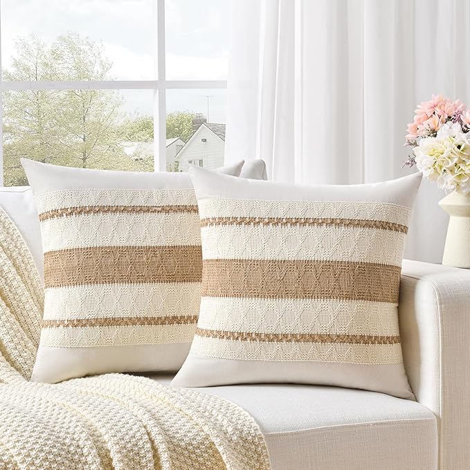 Fancy Homi Set of 1 Boho Neutral Decorative Throw Pillow Cover 18x18 Inch for Couch Bed Sofa, Aesthetic Modern Organic Farmhouse Home Decor, Soft Cotton Cute Accent Macrame Woven Tan Cushion Case