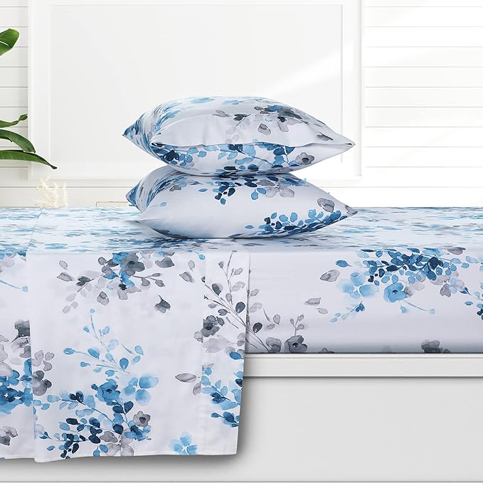 AZORES HOME Twin Organic Cotton Sateen Sheet Set - Deep Pocket, 300 Thread Count, 3-Piece Luxury Bedding, Isabella Grey