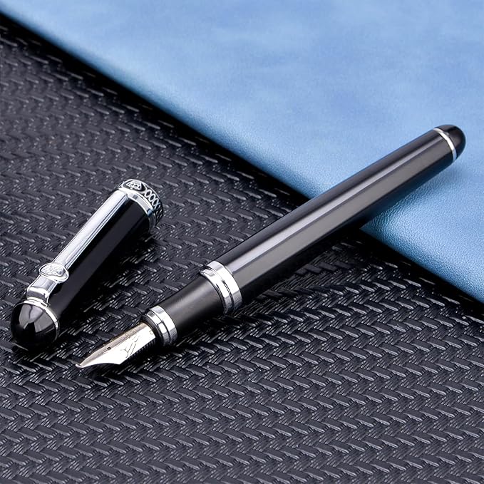 Lanxivi Duke D2 Fountain Pen Black Silver Trim Fine Nib with Additional Fude Nib (Bent Nib) and Converter Calligraphy Art Pen Set
