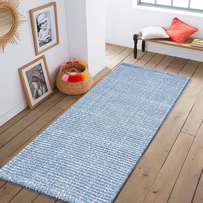 Chardin home Blue & White Reversible Runner Rug, 2x5 feet Machine Washable Cotton Rug, Perfect for hallways, stairwell, Kitchen Bedroom