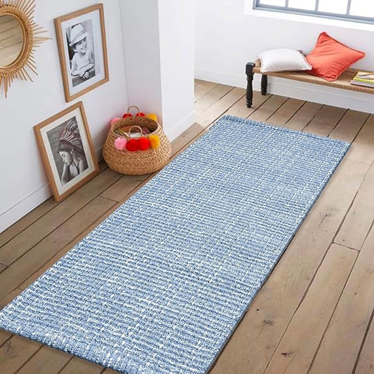 Chardin home Blue & White Reversible Runner Rug, 2x5 feet Machine Washable Cotton Rug, Perfect for hallways, stairwell, Kitchen Bedroom