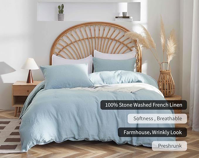 100% French Flax Linen Duvet Cover Set, King Size 104''x90'' 3 Pcs with 8 Corner Ties and Button Closure, Soft and Breathable for All Season(Blue, King)