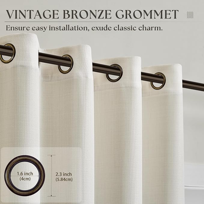 Ivory Linen Curtains 105 Inches Long for Living Room 2 Panels Grommet Semi Sheer Light Filtering Boho Farmhouse Neutral Cream Birch Window Curtains 105 Inch Length for Dining Bedroom Office