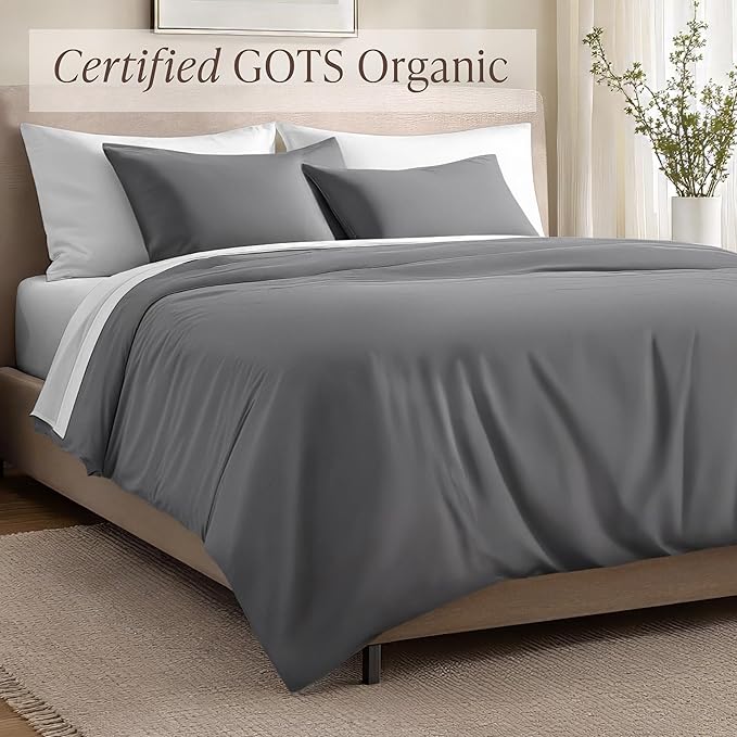 Bare Home 100% Organic Cotton Sateen Duvet Cover Set - 400 Thread Count - Smooth Sateen Weave - Warm & Luxurious - Duvet Cover (King/Cal King, Grey)