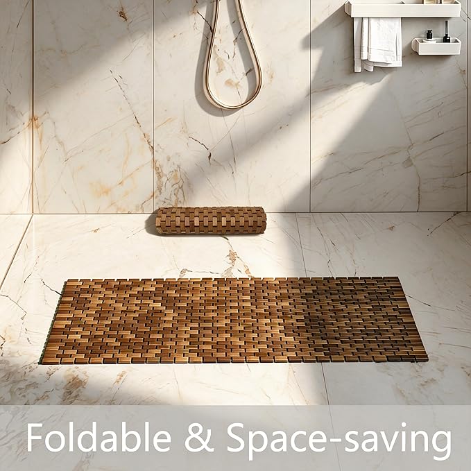 47"x20" Non-Slip Shower Mat for Bathroom, Teak Wood Bath Mat, Large Quick-Dry Floor Mats for Bathtub or Spa, Outdoor