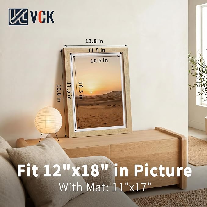 VCK 12x18 Picture Frames Natural - 3 Pack, Wide Border Solid Wood, Tempered Glass, Display 11x17 Photo with Mat or 12 x 18 Without, for Home, Office, Gallery, Woodgrain Series, Wall Hanging