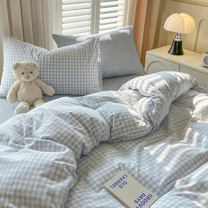 mixinni Light Blue Gingham Duvet Cover Set King Size - 100% Washed Cotton 3 Piece Plaid Checkered Bedding Set, Soft Comfy Grid Farmhouse Comforter Cover with Zipper Closure & Corner Ties
