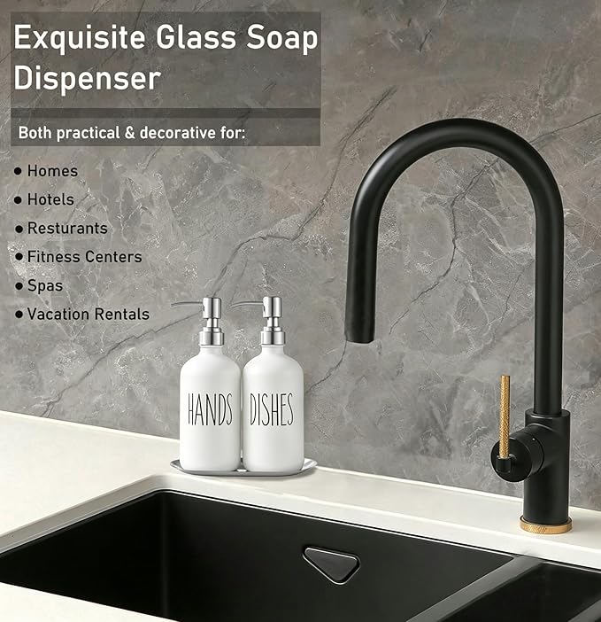 White Soap Dispenser Set, Glass Soap Dispenser with Stainless Steel Pump & Tray, Farmhouse Hand Soap Dispenser & Dish Soap Dispenser for Bathroom Kitchen Sink(2 White)