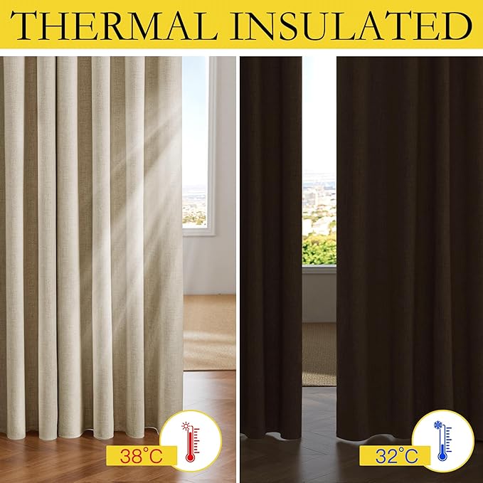 NICETOWN 100% Black Out Curtains 84 inch Long, Beige Curtains with Thermal Insulated Grey Liner, Thick Linen Blend Rod Pocket & Back Tab Draperies for Apartment, Living Room (1 Pair, 52" W per Panel)
