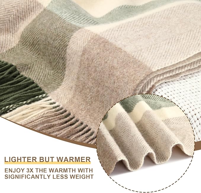 100% Wool Blanket Throw,Cream and Green Plaid Wool Blanket with Compact Bag,Rustic Soft Lightweight Blanket for Couch,Sofa,Bed & Lounging décor,Travel Blanket for Home,Airplane,Ideal Gifts 55"x83"