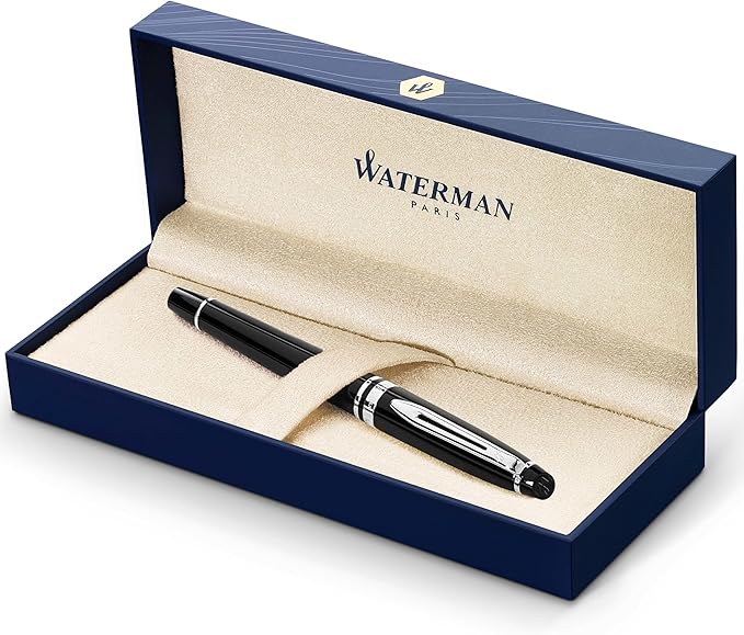Waterman Expert Fountain Pen, Gloss Black with Chrome Trim, Medium Nib with Blue Ink Cartridge, Gift Box