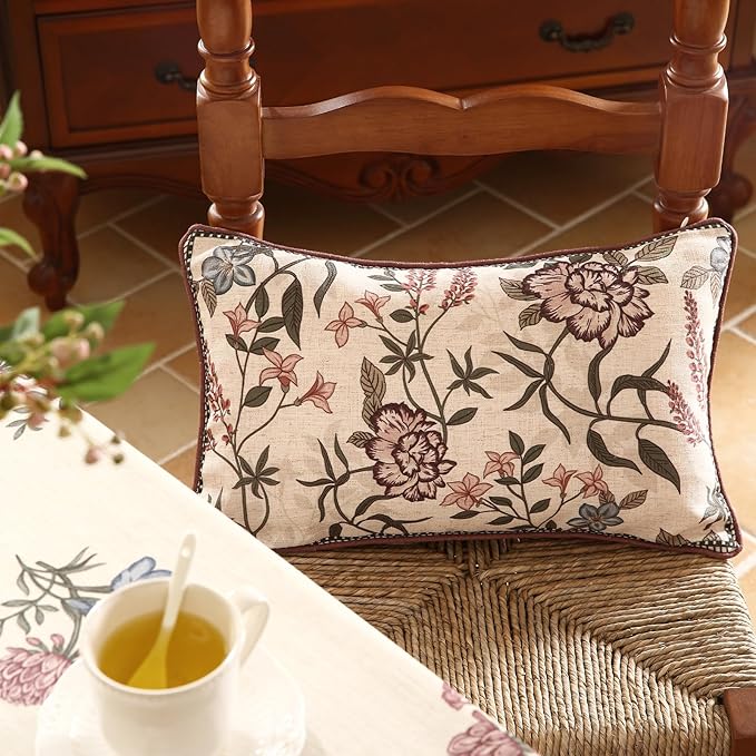 ISAENNE Design Linen Vintage Throw Pillow Covers 12"x20" Pack of 2, Rectangle Cushion Covers with Blue Pink Flowers Green Leaves Pattern Decoration Pillowcases for Bed,Living Room,Outdoor,Car