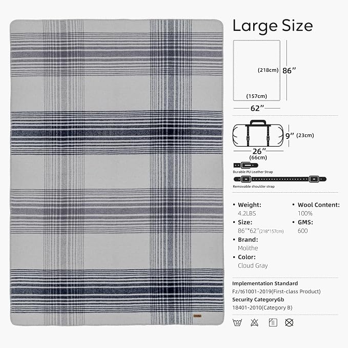 Molithe 100% Wool Blanket, 62" x 86", Warm, Thick, Washable, Military | Great for Camping, Outdoors, Sporting Events, Survival Kits CloudGray