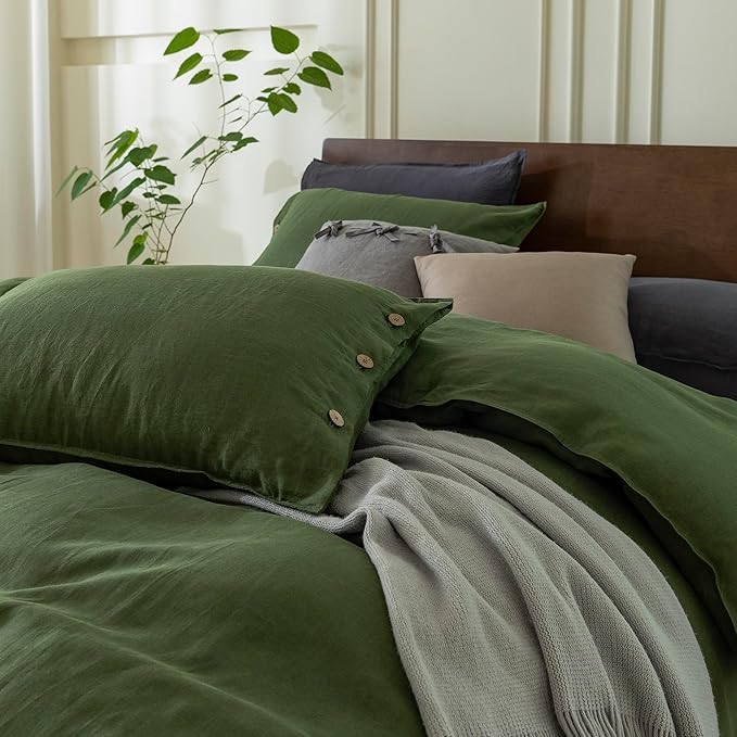 EVERLY 100% Linen Pillowcases Set of 2, French Linen from Normandy, 20X26Inch Standard Size, Natural Color, Coconut Buttons Closure, Flax Pillowshams-Pillowcase-Mossy Green