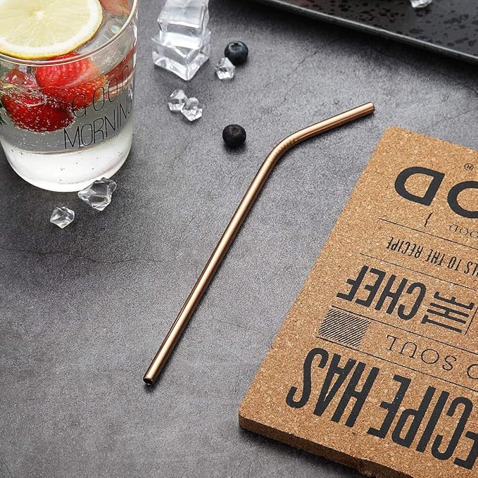 18 Piece Copper Stainless Steel Straws, 8.5 '' Reusable Rose Gold Drinking Straws,with Portable Pouch (8 Straight/8 Bent/2 Brushes)