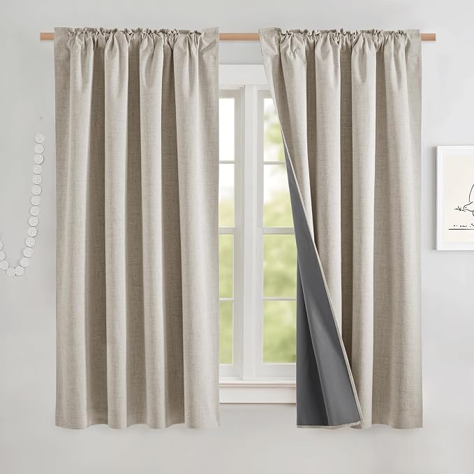 NICETOWN Natural Linen Blackout Curtain Panels 52 x 68 Inch, Set of 2 Thick Insulated Bedroom Draperies with Rod Pocket & Back Tab, Thermal Liner for Total Light Blocking Windows, Classic Style