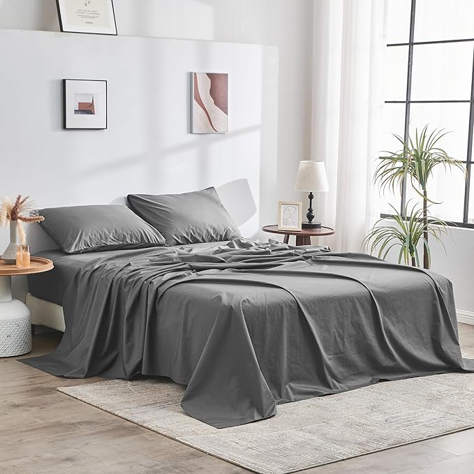 DOZ 100% GOTS Certified Organic Cotton Sheet Set, Crisp Percale Weave, Long Staple, Breathable, Matte Finish, Hotel Style, Durable, 1 Flat Sheet Only (Storm, Full/Queen)