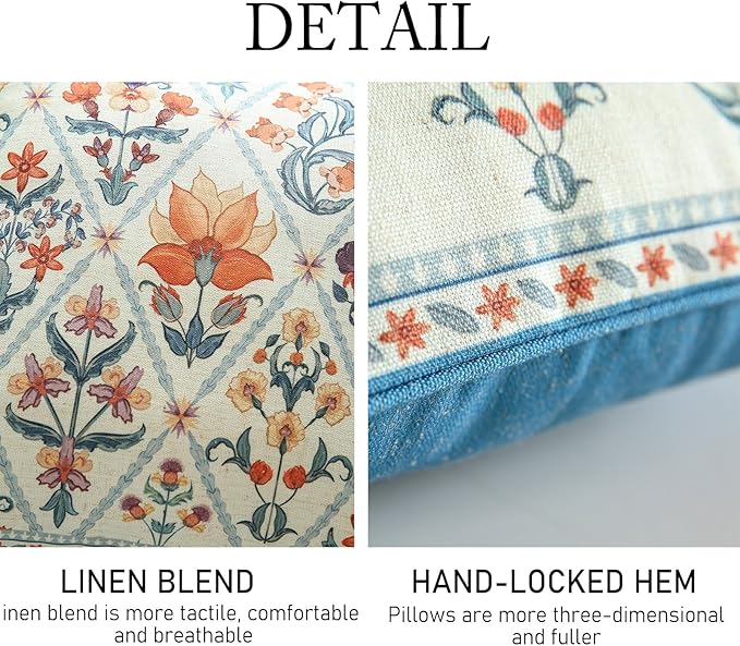 ISAENNE Design Square Linen Throw Pillow Covers 18"x18" Pack of 2, Blue Floral Country Cushion Covers with Colorful Wildflower Pattern Decor Pillowcases for Bed,Living Room,Outdoor,Car