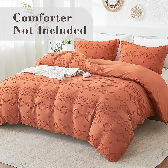 EMME Boho Duvet Cover Twin Size Pumpkin - 2 Pieces Soft & Breathable Tufted Boho Shabby Chic Embroidery Bedding Set for All Seasons, 1 Duvet Cover with 1 Pillow Shams & Zipper Closure (Pumpkin, Twin)