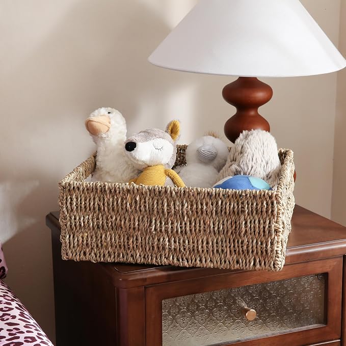 Handwoven Seagrass Storage Basket with Handles, Natural Woven Shelf Organizer Bin for Toys, Books, Closet and Home Storage (32cm/12.5'')
