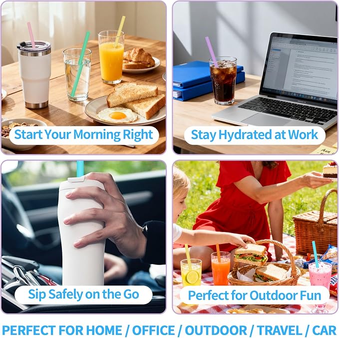 6 Pack Reusable Silicone Straws Compatible with Stanley 40oz 30oz 20oz Tumblers, 12.2" Long x 0.374" Diameter BPA-Free Drinking Straws with 2 Cleaning Brushes, Flexible Cuttable Teeth-Friendly