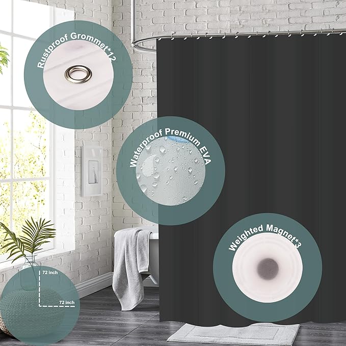 Plastic Shower Curtain Liner, Premium EVA 5G Black Shower Curtain, Shower Curtains for Bathroom with 3 Magnetic Weights and Rustproof Grommets (Black, 72x72 in)
