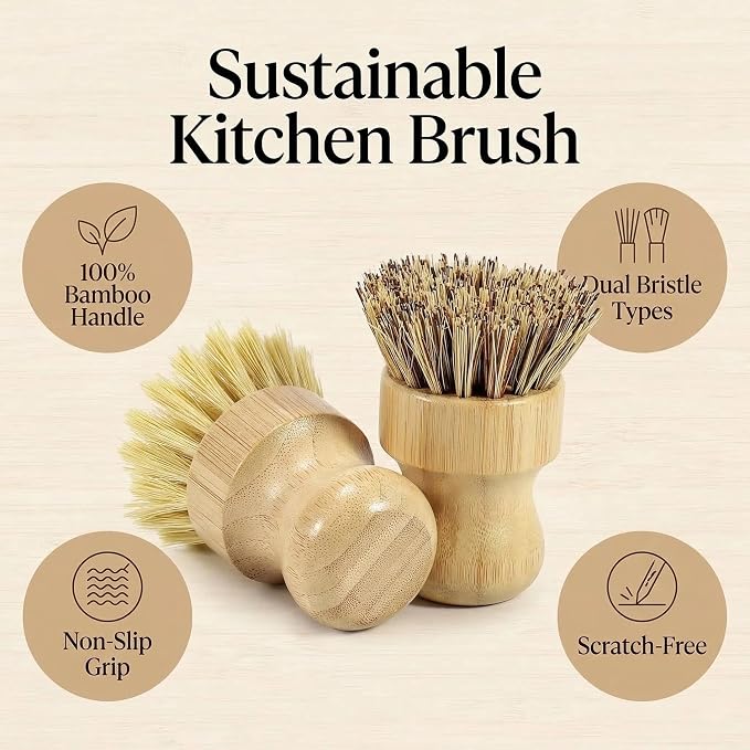 Bamboo Dish Brush Set – Natural Bamboo Brush with Sisal & Palm Bristles for Non-Stick Cookware, Pots, Vegetables, and Kitchen Cleaning - Eco-Friendly Vegetable Brush（2PCS）