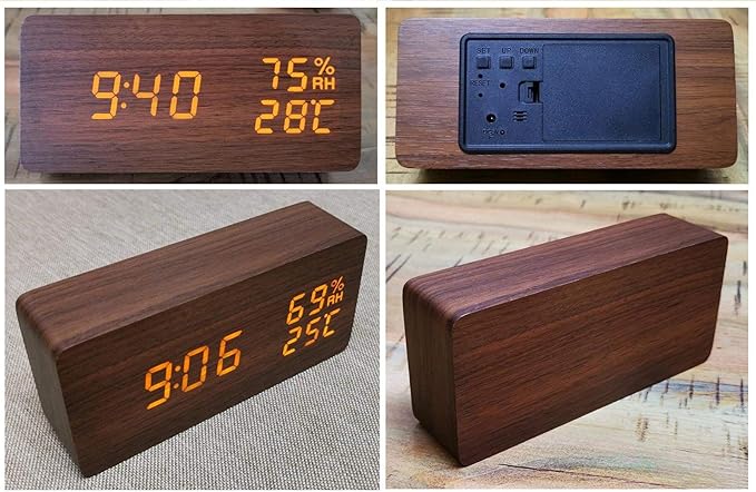 Alarm Clock for Bedside Modern Wood Digital Clock Snooze LED Desk Clock Display Time Temperature Humidity Brightness Adjustable for Home Kids Bedroom Office(Brown)
