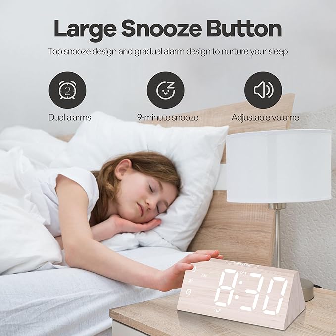 JALL All Digital Alarm Clock, with Wooden Electronic LED Time Display, 3 Alarm Settings, Humidity & Temperature Detect, Wood Made Electric Clocks for Bedroom, Bedside, Desk (White-Big Bold)