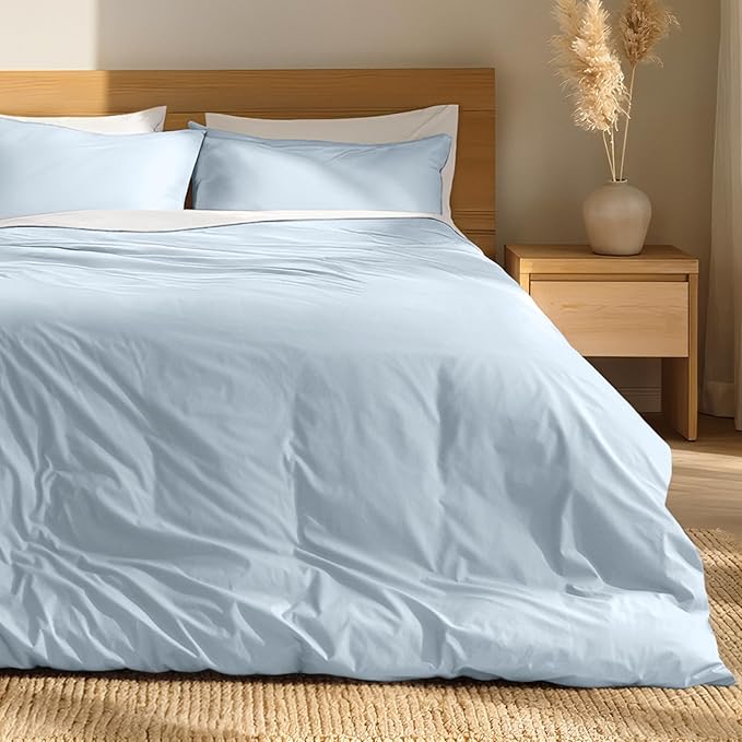 Bare Home 100% Organic Cotton Queen Duvet Cover Set - Crisp Percale Weave - Lightweight & Breathable - Cooling Duvet Cover Set (Queen, Winter Blue)