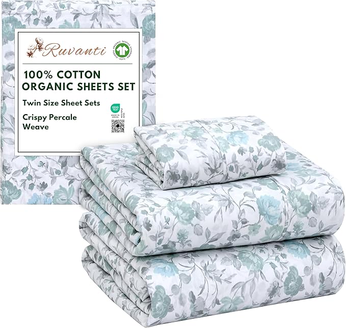 RUVANTI 100% Cotton Organic Percale Sheets Twin Size – Crisp Cooling Bed Sheets for Hot Sleepers, Deep Pocket 15”, Soft Peach Finish, Breathable & Durable Hotel-Style 3 Pcs, Cold Chrysanthemum