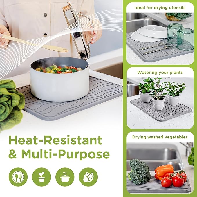 Stone Dish Drying Mat for Kitchen Counter - Super Absorbent, Fast Drying Diatomaceous Earth, Prevents Water Build-Up, Non-Slip & Heat Resistant, 15.75" X 11.75", Dark Gray