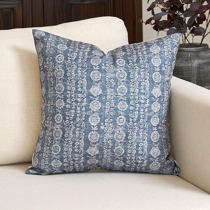 Amor Virisso Vintage Floral Throw Pillow Covers 20x20 Striped Farmhouse Block Print Pillow Cover Boho Neutral Decorative Pillows for Living Room Bed, Dusty Blue