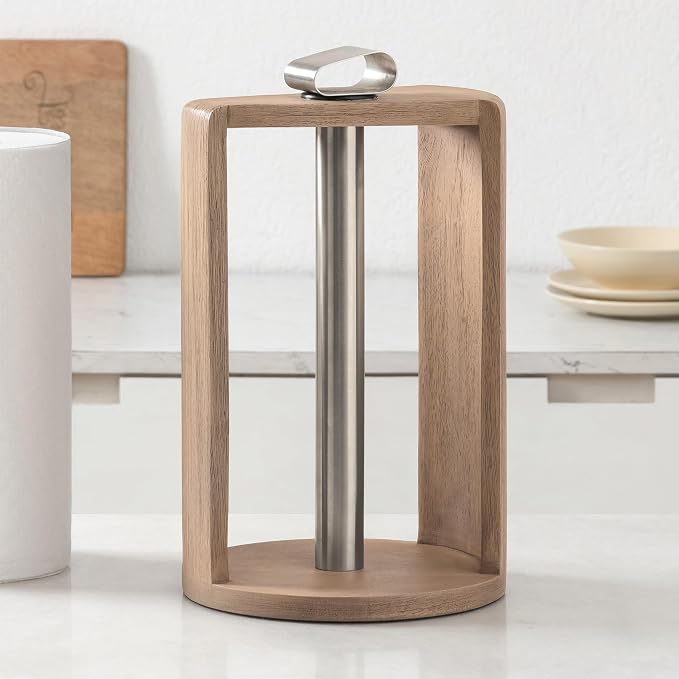 Anji Mountain Wooden Paper Towel Holder with Iron Holder, Holder Stand for Kitchen Roll Organizer & Kitchen Dining Table Home Décor, Countertop Fits Jumbo & Mega Rolls - Biscotti/Nickel, Top Load
