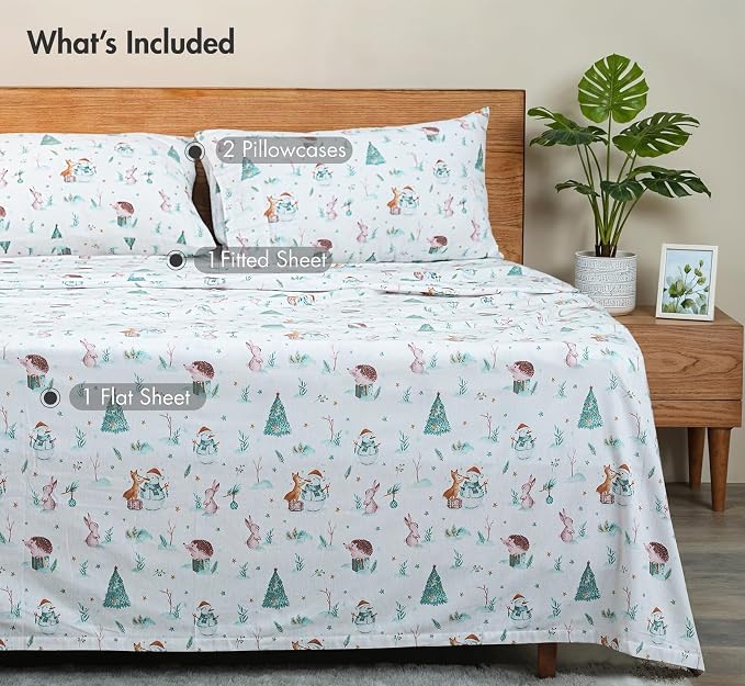 RUVANTI Flannel Sheets King Size - GOTS Certified 100% Organic Cotton, 4 Piece Warm, Soft & Breathable Set, Deep Pocket Snug Fit, Double Brushed Cozy All Season Bedding, Fox N Friends