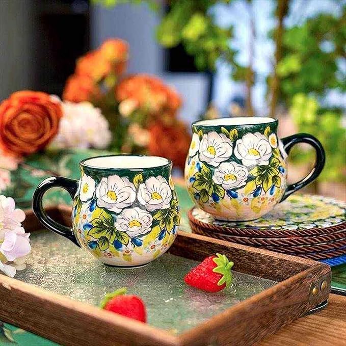 13oz Ceramic Coffee Mug, Hand-Painted Floral Polish Pottery Style Cup, Large Stoneware Tea Mug with Handle, Microwave & Dishwasher Safe (Green)