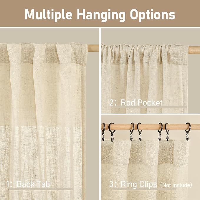 LAMIT Linen Semi Sheer Curtains 40 Inch for Kitchen Window Over Sink, Light Filtering Panels Farmhouse Boho Back Tab and Rod Pocket Drapes for Cafe, Beige, 2 Panels, 52 x 40 Inch