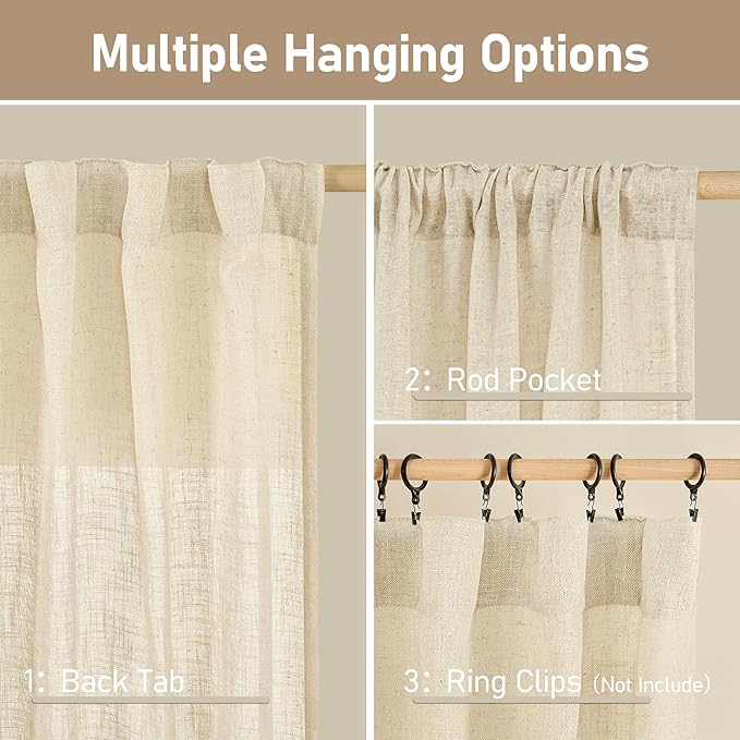 LAMIT Beige Linen Curtains for Living Room 84 inch Length, Light Filtering Semi Sheer Panels Back Tab and Rod Pocket Neutral Drapes for Bedroom, 2 Panels, 34 x 84 Inch