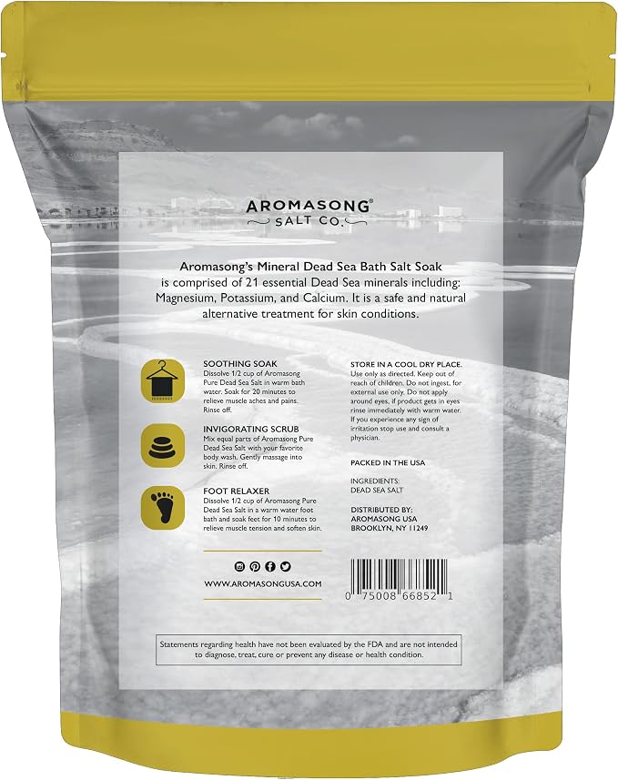 Aromasong Dead Sea Bath Salt - 100% Pure & Natural Dead Sea Salts for Soaking Coarse Grain 5 LB - Bulk Resealable Pack (Packaging May Vary) Used for Body wash Scrub - Soak for Women & Men.
