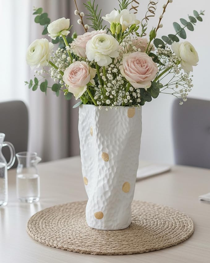 Ceramic Vases for Home Decor, 9.9 Inch Organic Nature Twisted Shape, OOSTONEE Gold Modern Wabi Sabi Unique Flower Vase for Home, Living Room, Bedroom, Dining Table, Centerpiece Decor