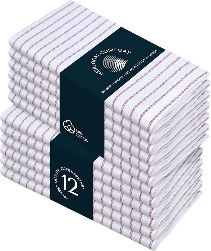 Burgundy Stripe Cloth Napkins Set of 12, 18x18 Inch, 100% Cotton, Absorbent, Classic Striped Table Linen Napkin for Dinner, Wedding Receptions, Thanksgiving, Everyday Use