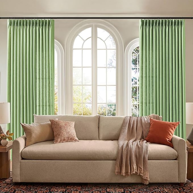 Sage Green Pinch Pleated 84 Inch Curtains for Living Room, Privacy Semi Sheer Curtain with Pleated Hooks Modern Linen Blend Memory Trained Back Tab Drapes for Bedroom Office, 2 Panels, W40xL84