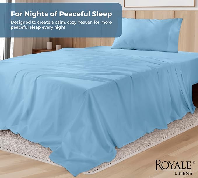 Royale Linens 100% Organic Cotton Twin XL Sheet Set - Percale Weave - 3 Pieces Set - 1 Flat, 1 Deep Pocket Fitted Sheet and 1 Pillowcases -Lake Blue Bed Sheets -Sábanas Twin XL -Crisp Cool (Lake Blue)