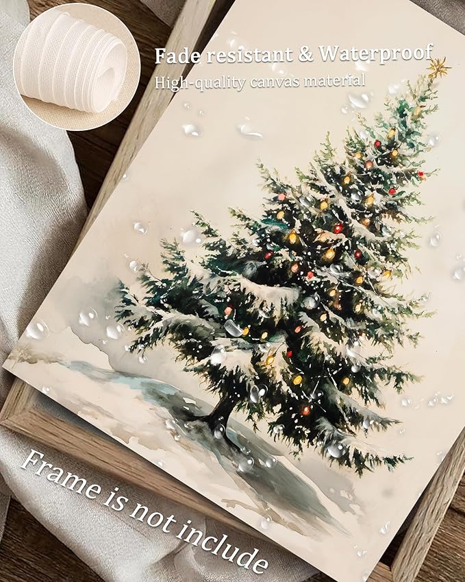 Vodefoad Christmas Tree Wall Art Vintage Rustic Xmas Winter Snowy Pine Tree Canvas Oil Wall Decor Neutral Antique Holiday Christmas Tree Painting for Gallery Bedroom Bathroom - 8x10Inch Unframe