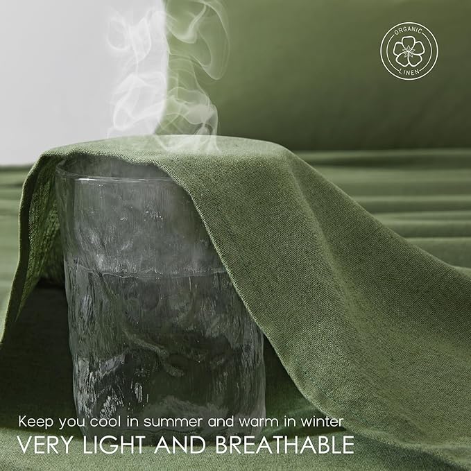 3Pcs Organic Linen Sheets Twin Size, 100% French Linen from Normandy, Breathable Forest Green Bed Sheets Twin Sheet Set with 16 Inch Deep Pocket, 1 Flat Sheet, 1 Fitted Sheet, 1 Pillowcases